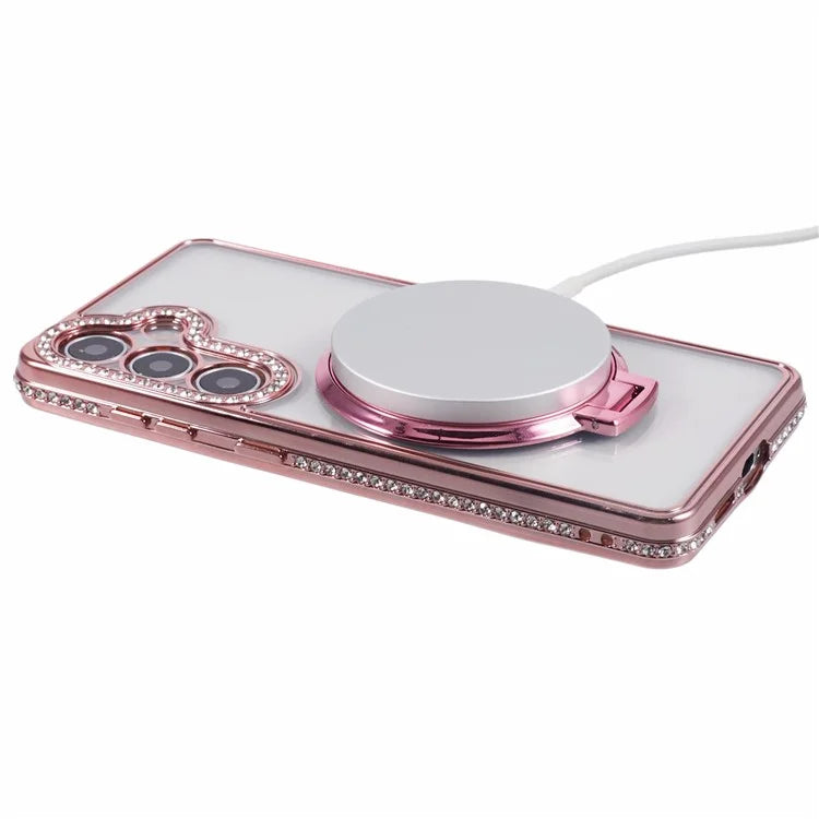 For Samsung Galaxy S24+ Case TPU Rhinestones Decor Phone Cover with Ring Kickstand