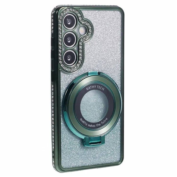 For Samsung Galaxy S24+ Case Rhinestone Lens Frame Gradient Soft TPU Phone Cover with Kickstand