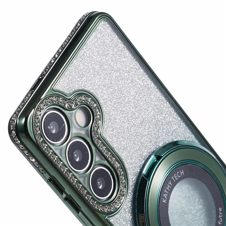 For Samsung Galaxy S24+ Case Rhinestone Lens Frame Gradient Soft TPU Phone Cover with Kickstand