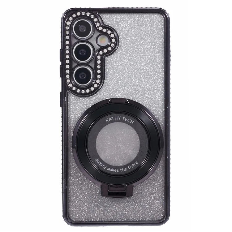 For Samsung Galaxy S24+ Case Rhinestone Lens Frame Gradient Soft TPU Phone Cover with Kickstand