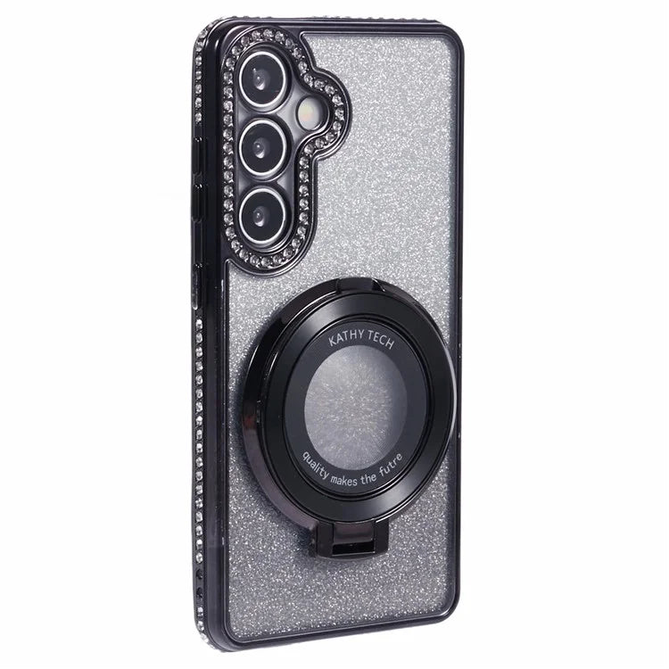 For Samsung Galaxy S24+ Case Rhinestone Lens Frame Gradient Soft TPU Phone Cover with Kickstand