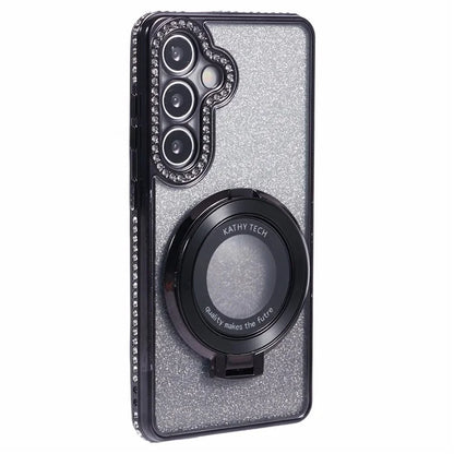For Samsung Galaxy S24+ Case Rhinestone Lens Frame Gradient Soft TPU Phone Cover with Kickstand
