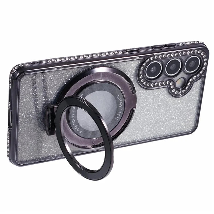 For Samsung Galaxy S24+ Case Rhinestone Lens Frame Gradient Soft TPU Phone Cover with Kickstand