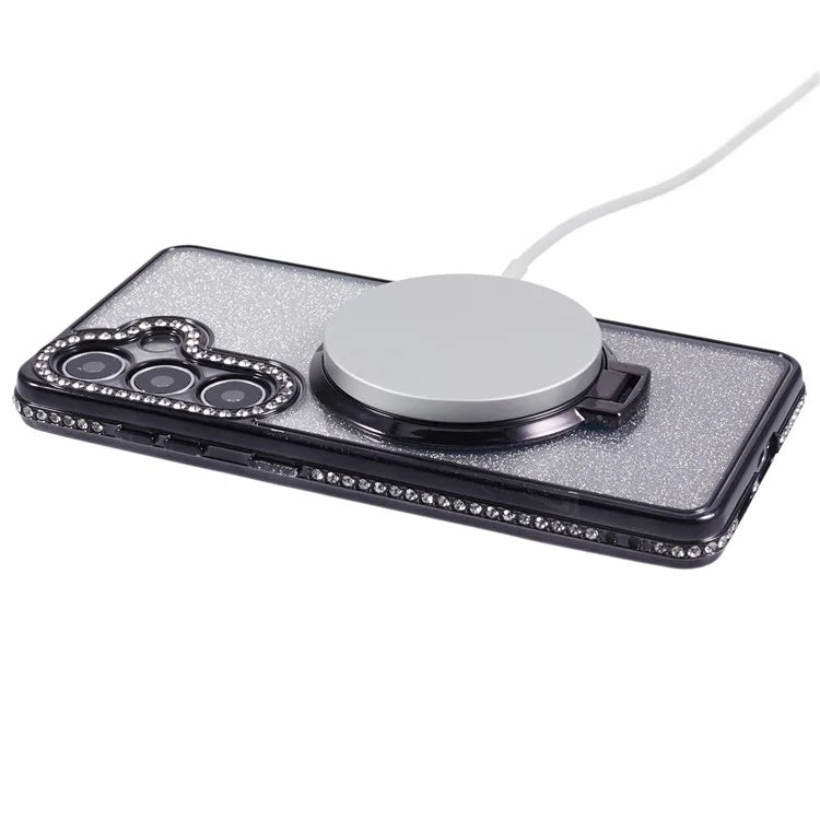 For Samsung Galaxy S24+ Case Rhinestone Lens Frame Gradient Soft TPU Phone Cover with Kickstand