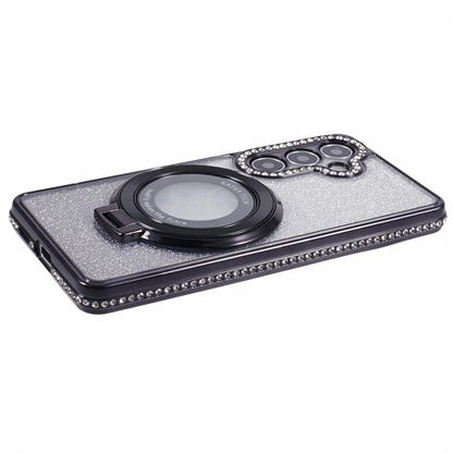 For Samsung Galaxy S24+ Case Rhinestone Lens Frame Gradient Soft TPU Phone Cover with Kickstand