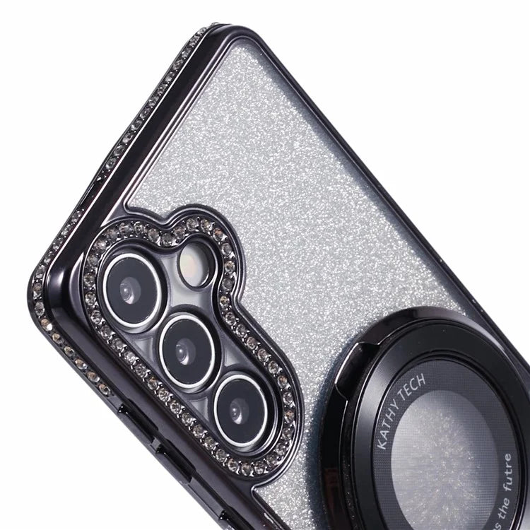 For Samsung Galaxy S24+ Case Rhinestone Lens Frame Gradient Soft TPU Phone Cover with Kickstand