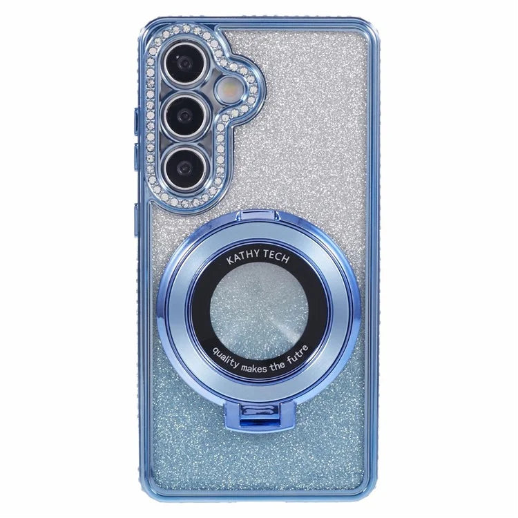 For Samsung Galaxy S24+ Case Rhinestone Lens Frame Gradient Soft TPU Phone Cover with Kickstand