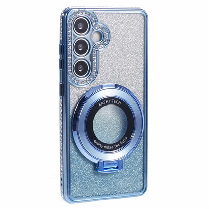 For Samsung Galaxy S24+ Case Rhinestone Lens Frame Gradient Soft TPU Phone Cover with Kickstand