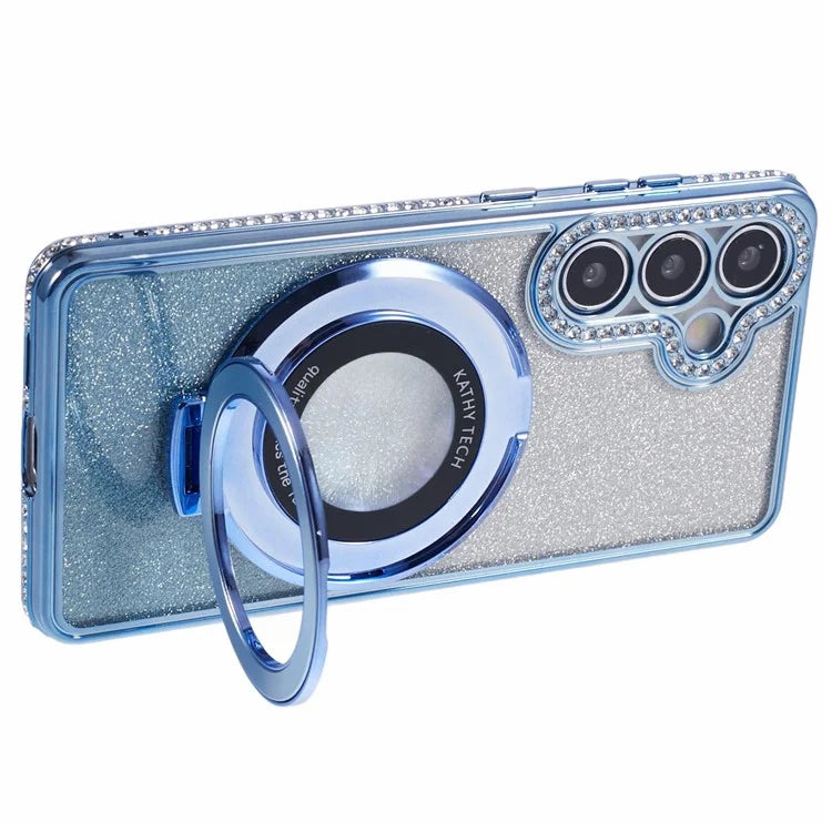 For Samsung Galaxy S24+ Case Rhinestone Lens Frame Gradient Soft TPU Phone Cover with Kickstand