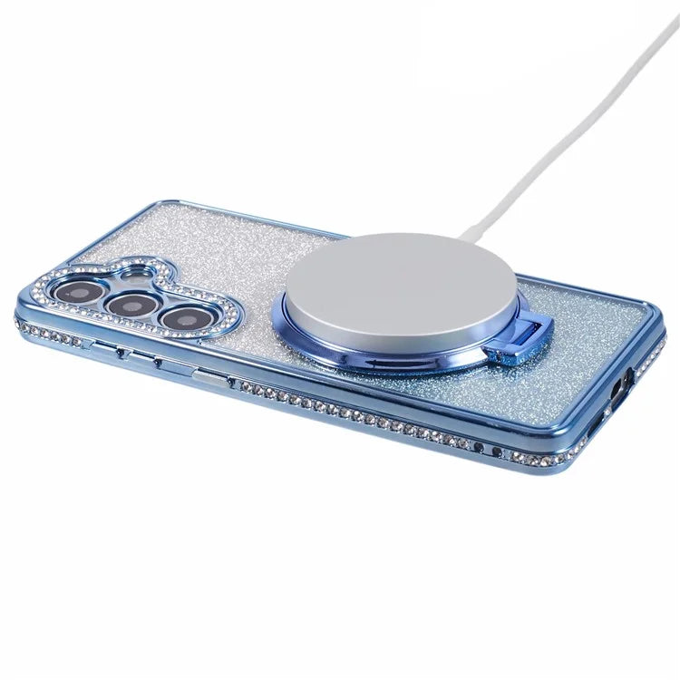 For Samsung Galaxy S24+ Case Rhinestone Lens Frame Gradient Soft TPU Phone Cover with Kickstand