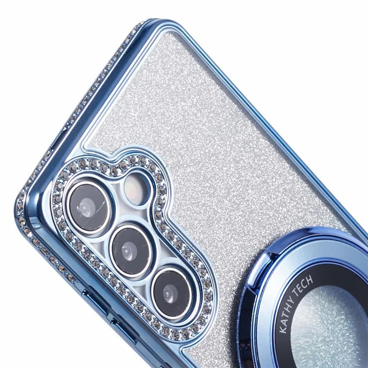 For Samsung Galaxy S24+ Case Rhinestone Lens Frame Gradient Soft TPU Phone Cover with Kickstand