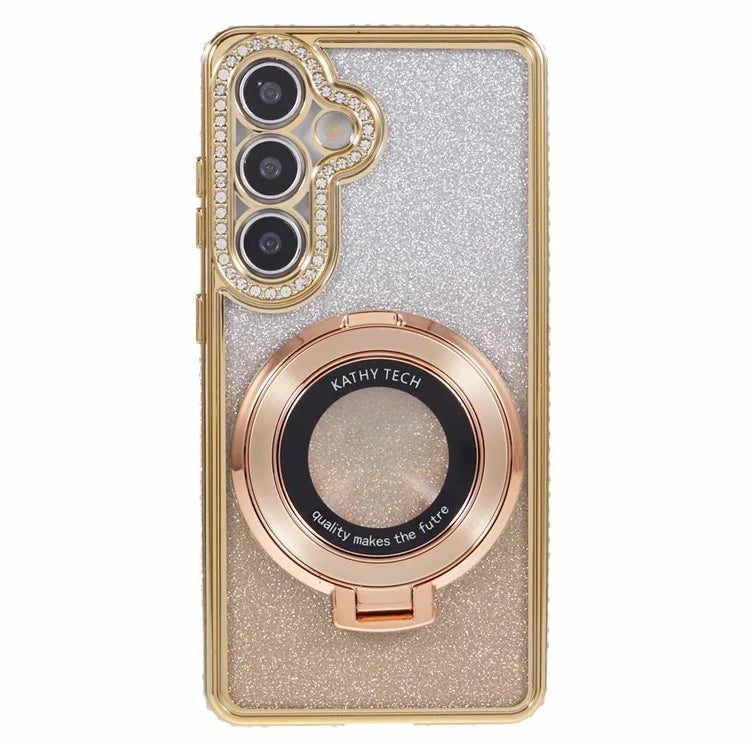 For Samsung Galaxy S24+ Case Rhinestone Lens Frame Gradient Soft TPU Phone Cover with Kickstand