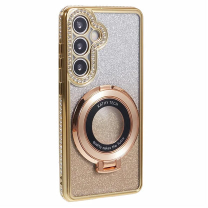For Samsung Galaxy S24+ Case Rhinestone Lens Frame Gradient Soft TPU Phone Cover with Kickstand