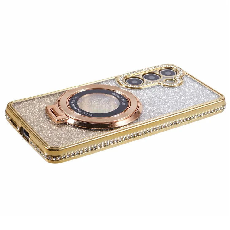 For Samsung Galaxy S24+ Case Rhinestone Lens Frame Gradient Soft TPU Phone Cover with Kickstand