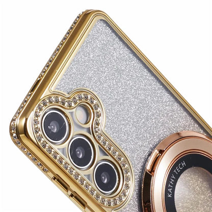 For Samsung Galaxy S24+ Case Rhinestone Lens Frame Gradient Soft TPU Phone Cover with Kickstand