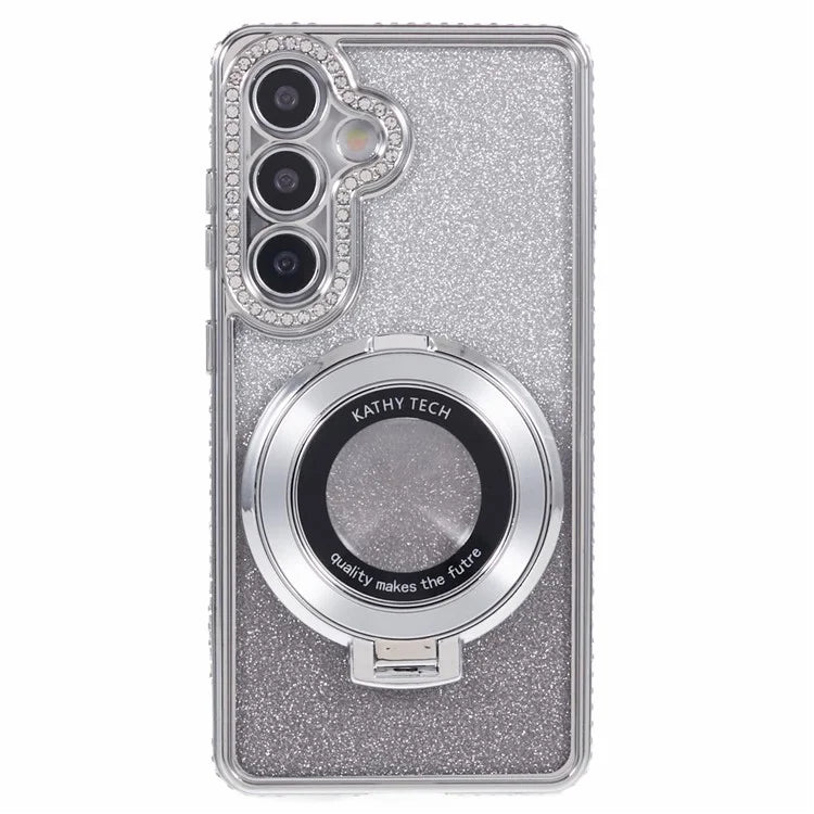 For Samsung Galaxy S24+ Case Rhinestone Lens Frame Gradient Soft TPU Phone Cover with Kickstand