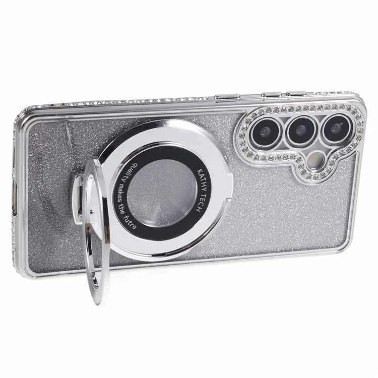 For Samsung Galaxy S24+ Case Rhinestone Lens Frame Gradient Soft TPU Phone Cover with Kickstand