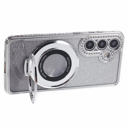 For Samsung Galaxy S24+ Case Rhinestone Lens Frame Gradient Soft TPU Phone Cover with Kickstand