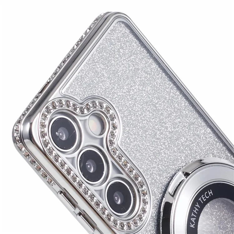 For Samsung Galaxy S24+ Case Rhinestone Lens Frame Gradient Soft TPU Phone Cover with Kickstand