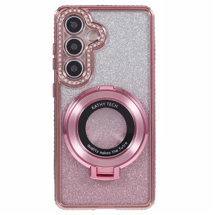 For Samsung Galaxy S24+ Case Rhinestone Lens Frame Gradient Soft TPU Phone Cover with Kickstand