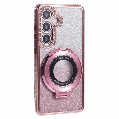 For Samsung Galaxy S24+ Case Rhinestone Lens Frame Gradient Soft TPU Phone Cover with Kickstand