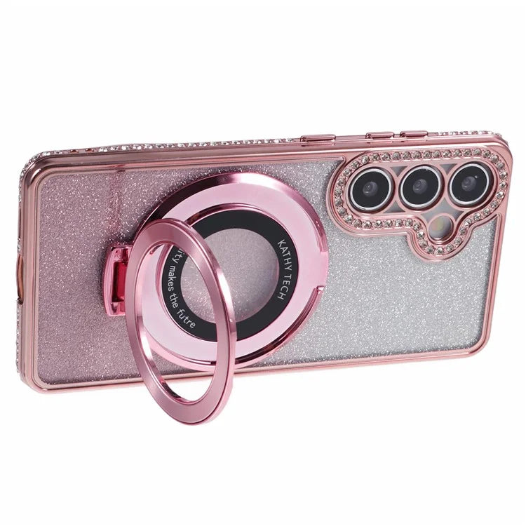 For Samsung Galaxy S24+ Case Rhinestone Lens Frame Gradient Soft TPU Phone Cover with Kickstand