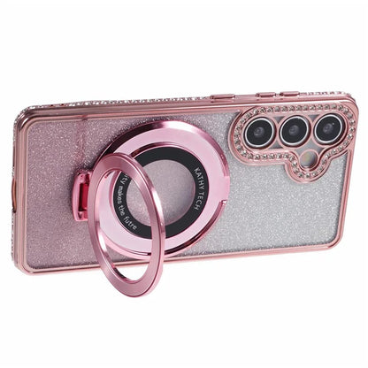 For Samsung Galaxy S24+ Case Rhinestone Lens Frame Gradient Soft TPU Phone Cover with Kickstand