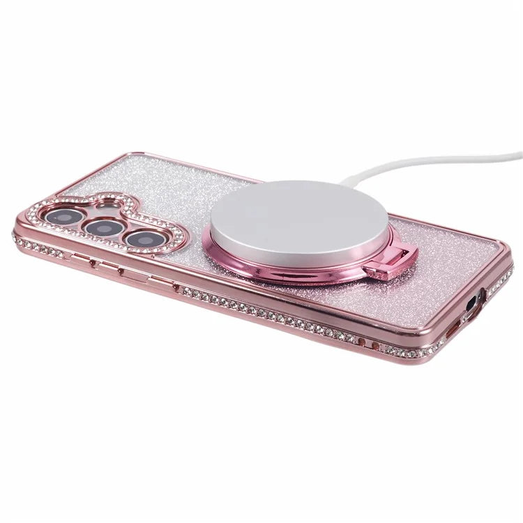 For Samsung Galaxy S24+ Case Rhinestone Lens Frame Gradient Soft TPU Phone Cover with Kickstand