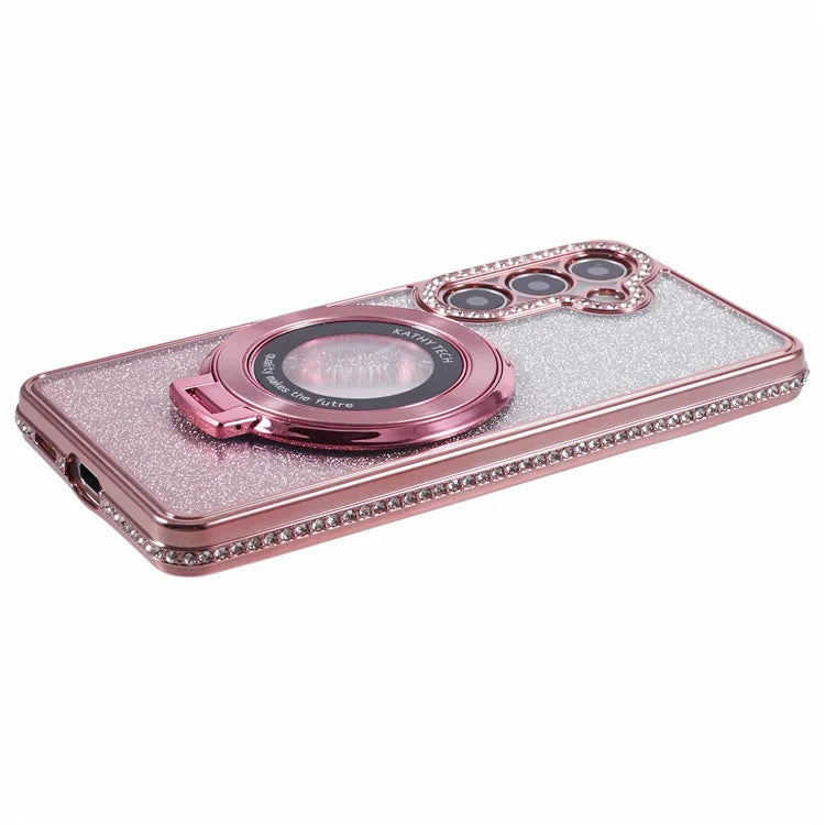 For Samsung Galaxy S24+ Case Rhinestone Lens Frame Gradient Soft TPU Phone Cover with Kickstand