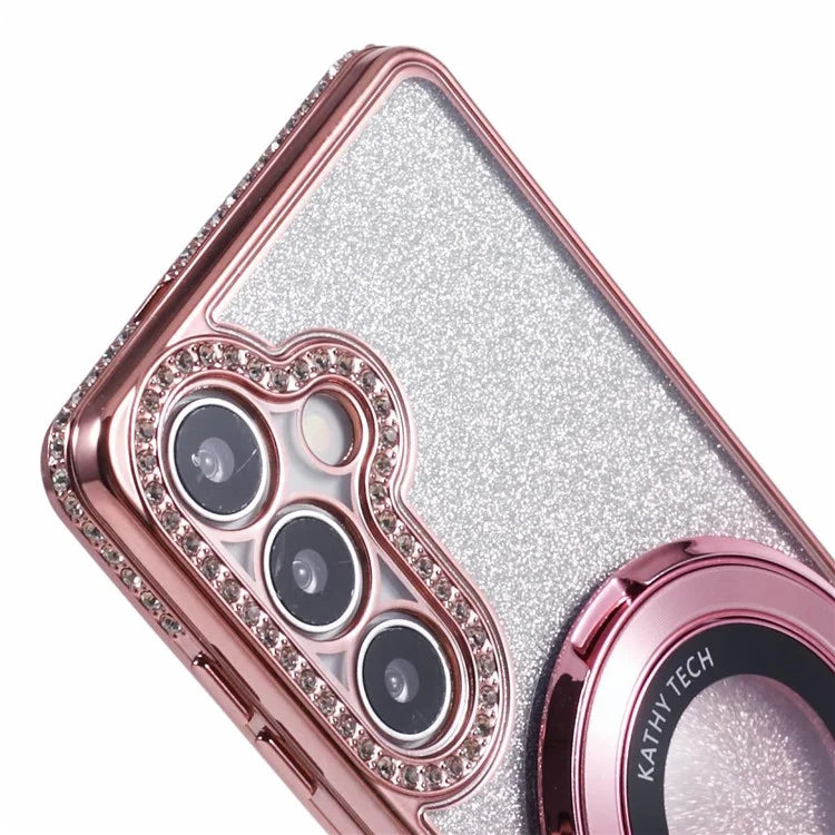For Samsung Galaxy S24+ Case Rhinestone Lens Frame Gradient Soft TPU Phone Cover with Kickstand