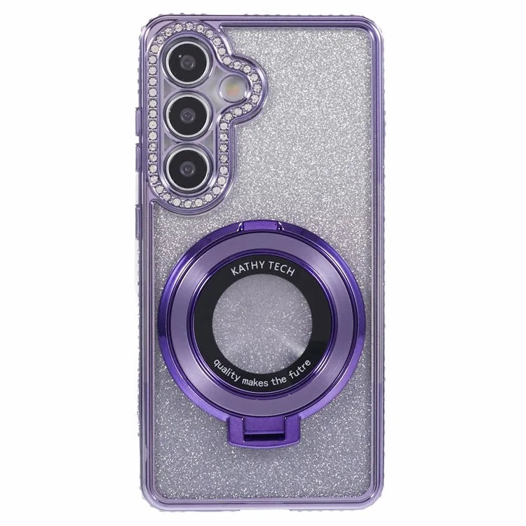 For Samsung Galaxy S24+ Case Rhinestone Lens Frame Gradient Soft TPU Phone Cover with Kickstand