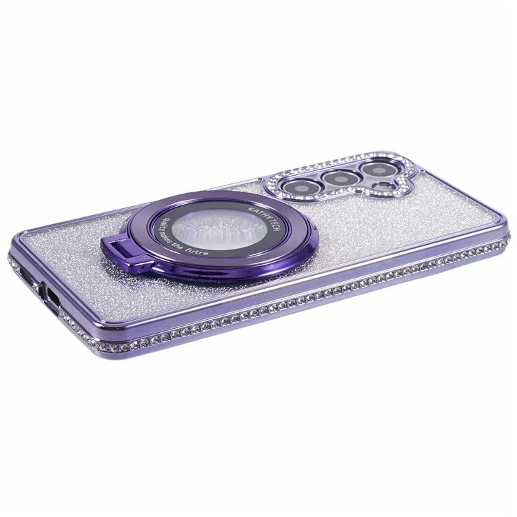 For Samsung Galaxy S24+ Case Rhinestone Lens Frame Gradient Soft TPU Phone Cover with Kickstand