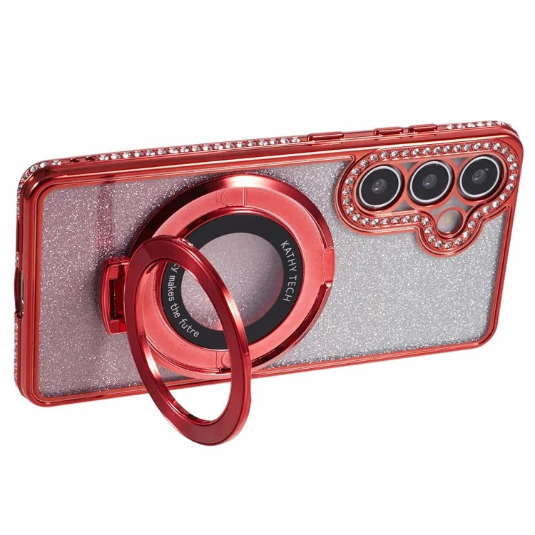 For Samsung Galaxy S24+ Case Rhinestone Lens Frame Gradient Soft TPU Phone Cover with Kickstand
