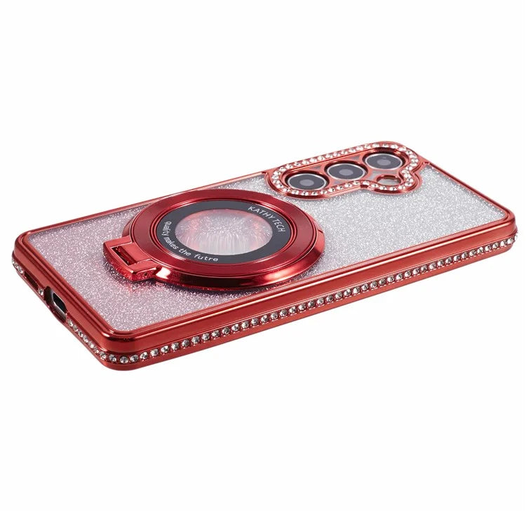 For Samsung Galaxy S24+ Case Rhinestone Lens Frame Gradient Soft TPU Phone Cover with Kickstand