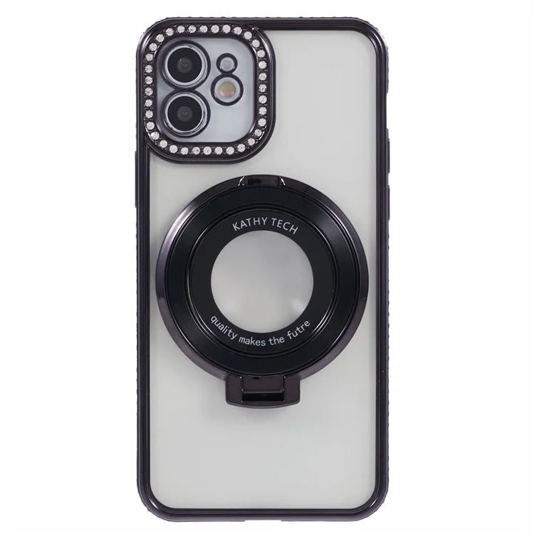 For iPhone 12 TPU Case Rhinestones Decor Ring Kickstand Drop-Proof Phone Cover