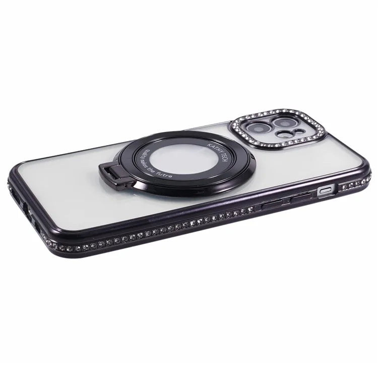 For iPhone 12 TPU Case Rhinestones Decor Ring Kickstand Drop-Proof Phone Cover