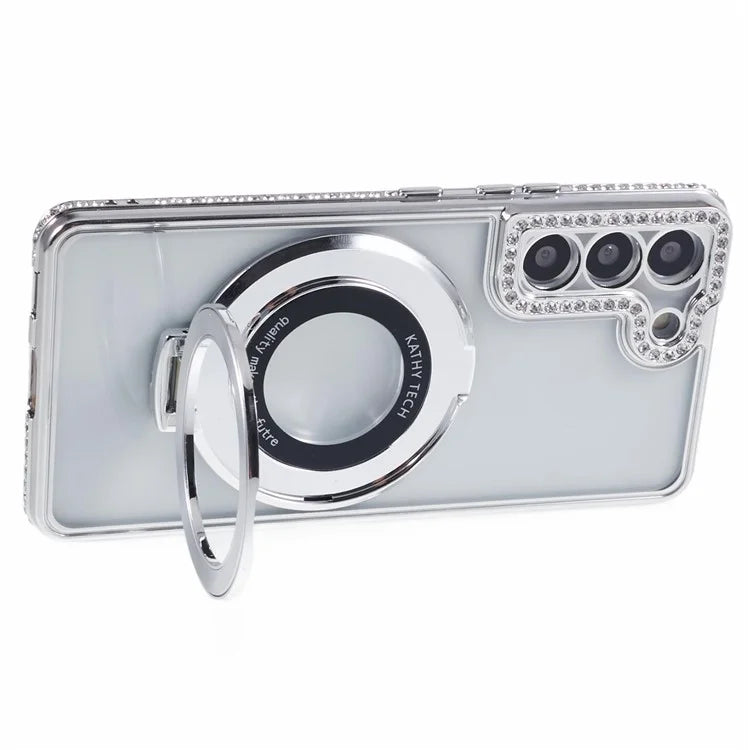 For Samsung Galaxy S23+ Case TPU Rhinestones Decor PC Ring Kickstand Protective Shell