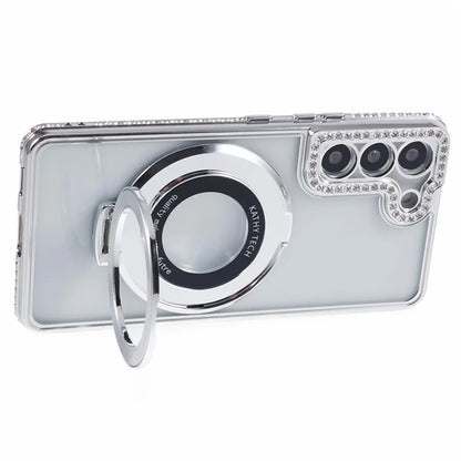For Samsung Galaxy S23+ Case TPU Rhinestones Decor PC Ring Kickstand Protective Shell