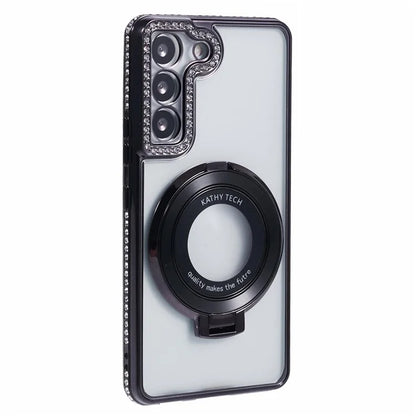 For Samsung Galaxy S23+ Case TPU Rhinestones Decor PC Ring Kickstand Protective Shell