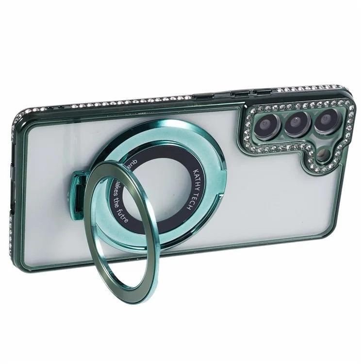 For Samsung Galaxy S23+ Case TPU Rhinestones Decor PC Ring Kickstand Protective Shell