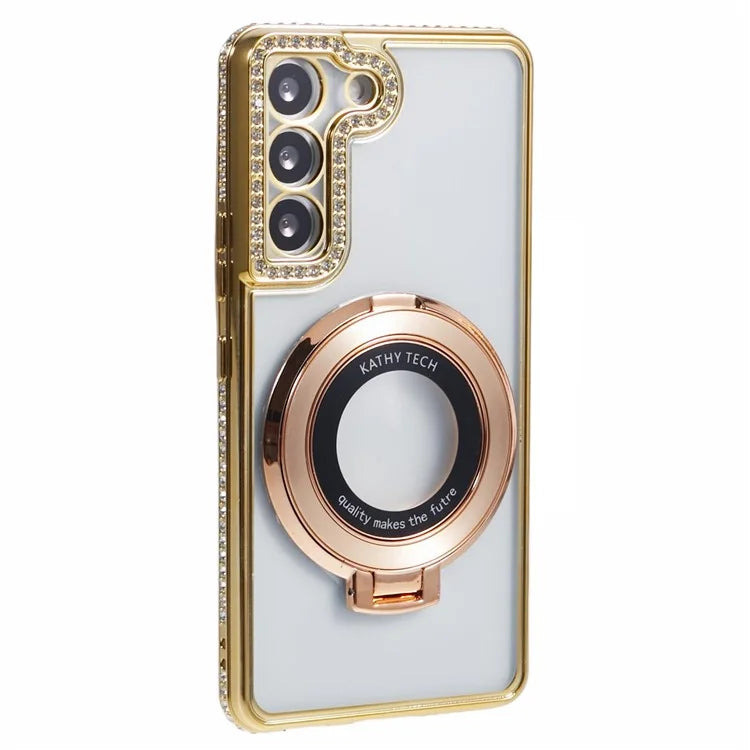 For Samsung Galaxy S23+ Case TPU Rhinestones Decor PC Ring Kickstand Protective Shell