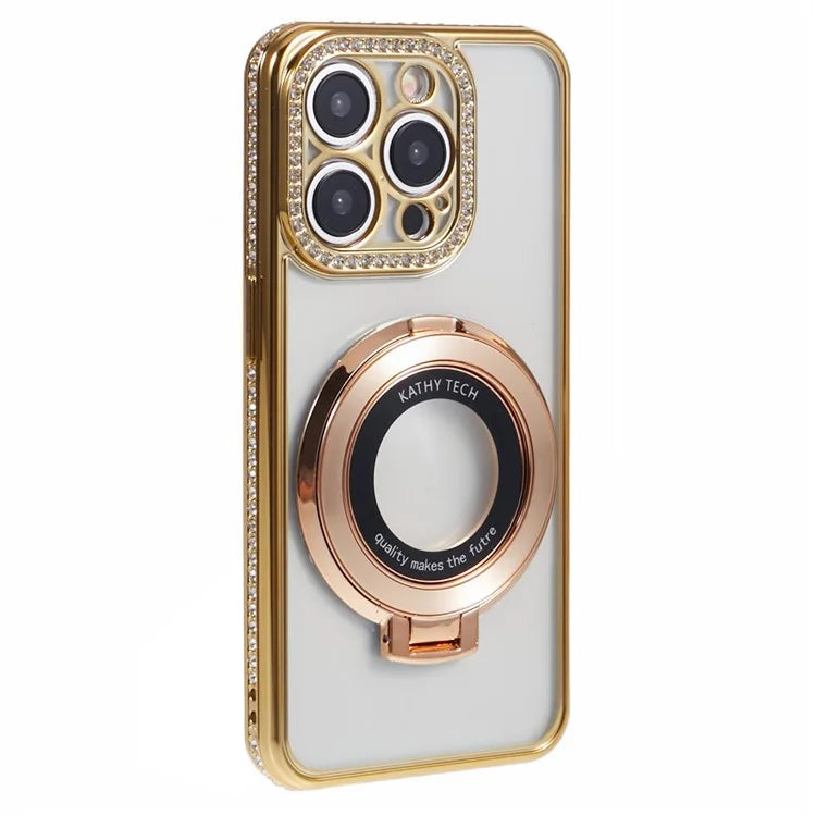 For iPhone 14 Pro Max Rhinestones Decor Ring Kickstand TPU Phone Cover