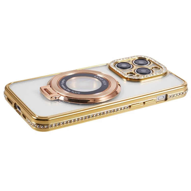 For iPhone 14 Pro Max Rhinestones Decor Ring Kickstand TPU Phone Cover