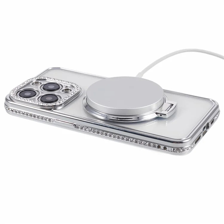 For iPhone 13 Pro Max Shockproof Rhinestone Decor Ring Kickstand TPU Phone Cover