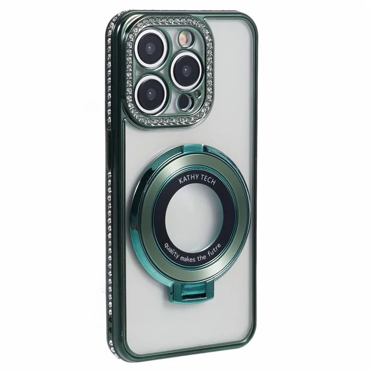 For iPhone 13 Pro Max Shockproof Rhinestone Decor Ring Kickstand TPU Phone Cover