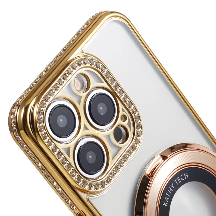 For iPhone 13 Pro Bump Proof Rhinestone Decor Ring Kickstand TPU Phone Cover
