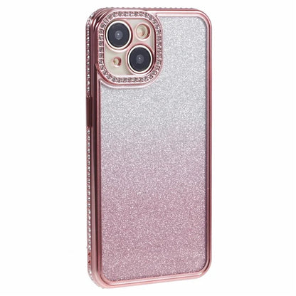For iPhone 15 Case Gradient TPU Phone Cover with Rhinestone Lens Frame