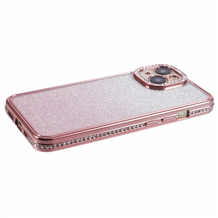 For iPhone 15 Case Gradient TPU Phone Cover with Rhinestone Lens Frame