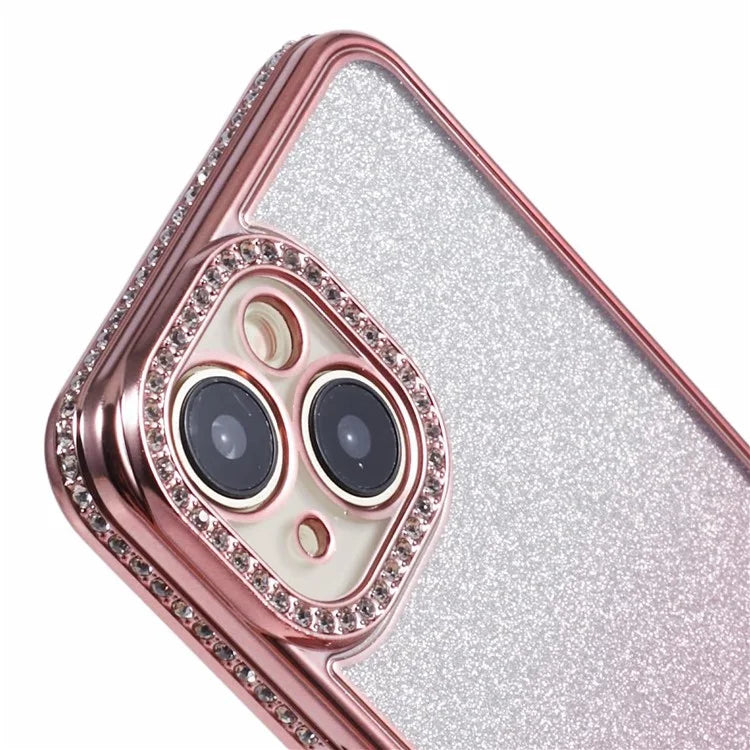 For iPhone 15 Case Gradient TPU Phone Cover with Rhinestone Lens Frame