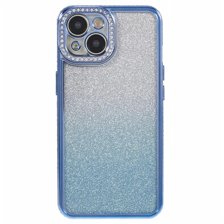 For iPhone 14 Case Camera Protection Glitter Rhinestone Decor Gradient TPU Phone Cover